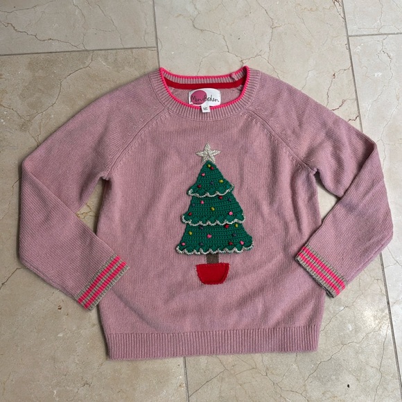 Mini boden pink Christmas tree sweater 5-6 Y crewneck euc - Picture 1 of 8